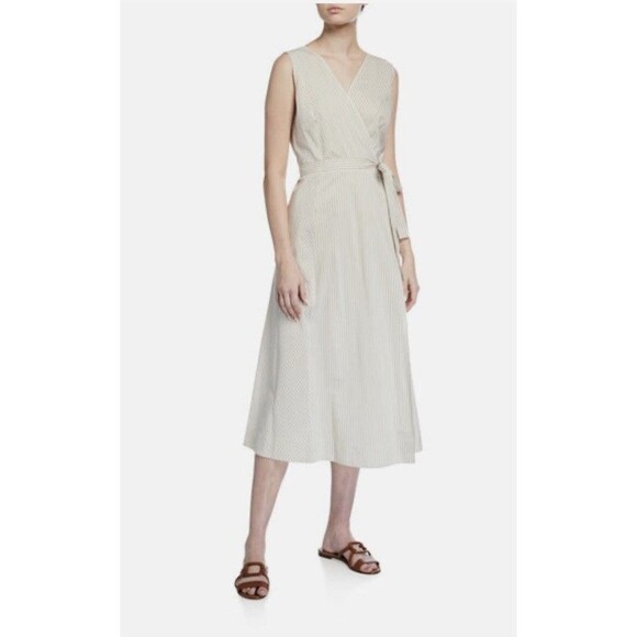 LAFAYETTE 148 NEW YORK SIRI SONATA STRIPE SLEEVELESS WRAP KHAKI DRESS SZ 16 - Picture 1 of 9